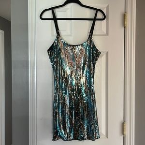 Black and teal mini dress